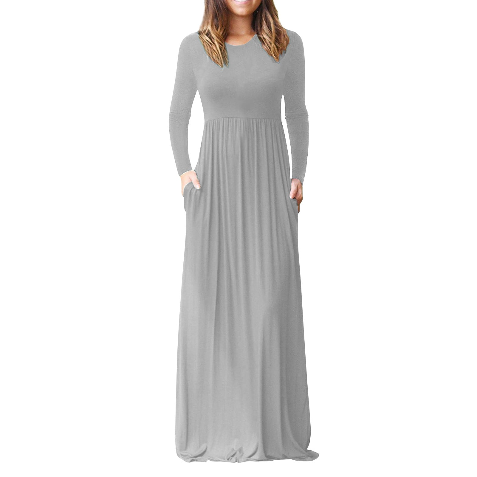 Dyfzdhu Long Sleeve Dresses for Women Casual Round Neck Solid Color Maxi  Dress Slim A-Line Long Underlay Dress Grey - Walmart.com