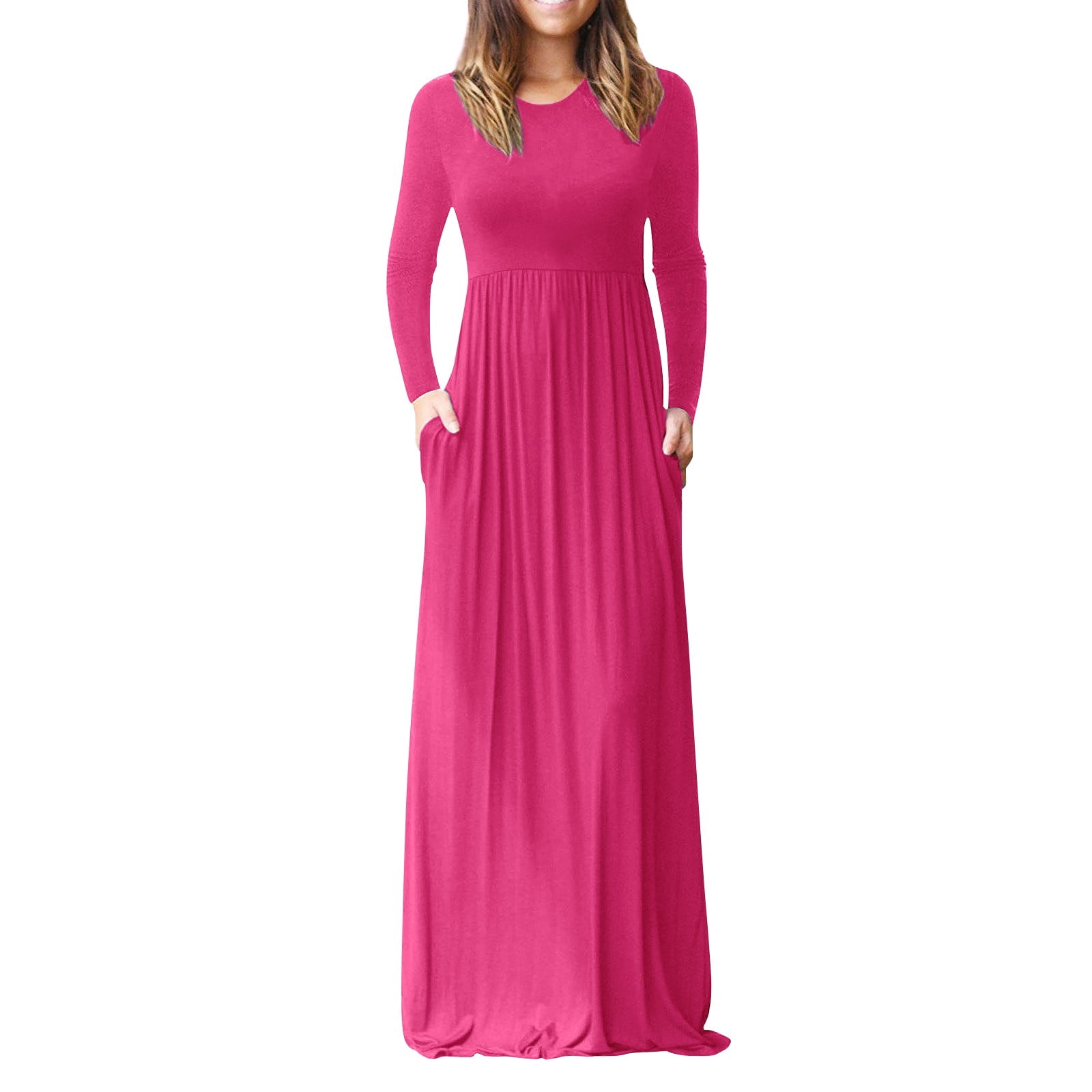 Dyfzdhu Long Sleeve Dresses for Women Casual Round Neck Solid Color Maxi  Dress Slim A-Line Long Underlay Dress Hot Pink - Walmart.com, image size:1600x1600