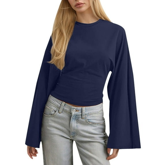 Dyfzdhu Long Sleeve Shirts For Women New Solid Color Round Neck Front Shoulder Wide Sleeve Waist Cinching Long Sleeved Personalized Womens Blouses