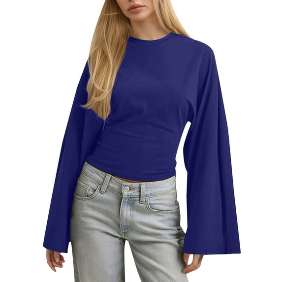 Dyfzdhu Long Sleeve Shirts For Women New Solid Color Round Neck Front Shoulder Wide Sleeve Waist Cinching Long Sleeved Personalized Womens Blouses