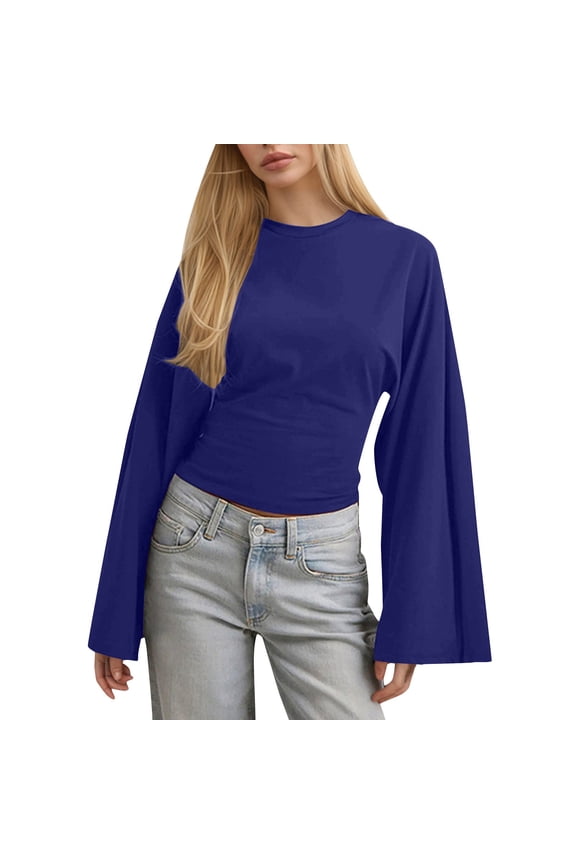 Long Sleeve Shirts For Women New Solid Color Round Neck Front Shoulder Wide Sleeve Waist Cinching Long Sleeved Personalized Womens Blouses