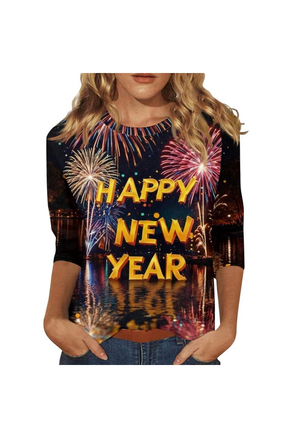 Long Sleeve Shirts For Women T Shirt Casual 3/4 Sleeve Graphic Tees New Years Countdown Tops Womens Blouses