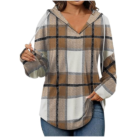 Dyfzdhu Long Sleeve Shirts For Women Hoodies Long Sleeve Plaid Shirts Lightweight V Neck Oversized Pullover Sweatshirts Casual Fall Sweater Tops Womens Blouses