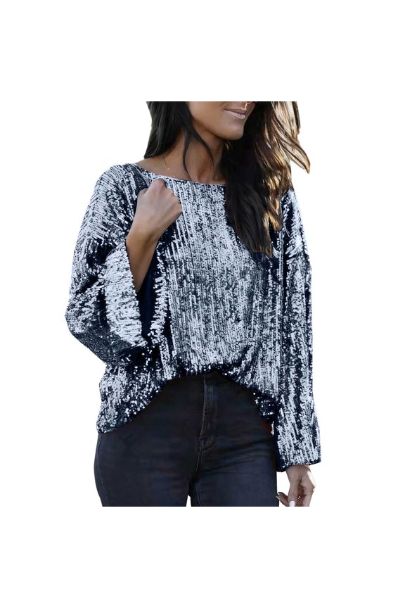 Long Sleeve Shirts For Women Long Sleeve T Shirts Spring Fashion Crew Neck Shinny Sequin Pullover Tops Plus Size Loose Fit Glitter Shirts Womens Blouses