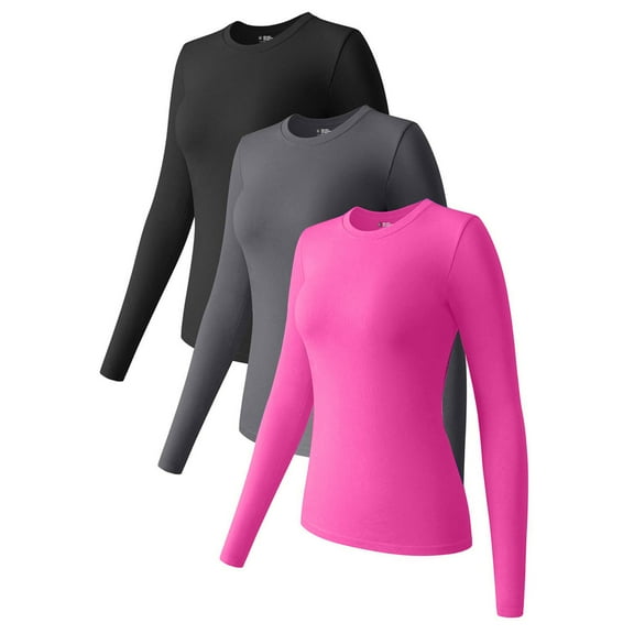 Dyfzdhu Long Sleeve T Shirts for Women 3 Piece Tops Crew Neck Stretch Fitted Layer Tee Shirts Multicolor