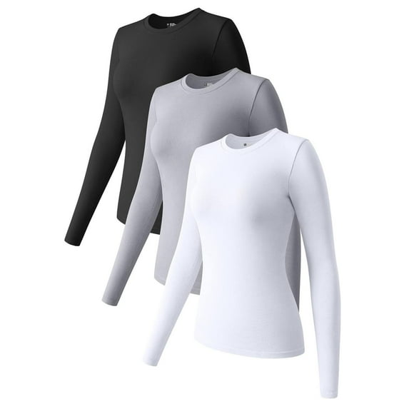 Dyfzdhu Long Sleeve T Shirts for Women 3 Piece Tops Crew Neck Stretch Fitted Layer Tee Shirts Multicolor