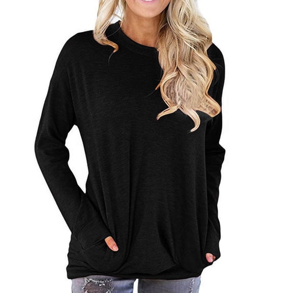 Dyfzdhu Long Sleeve T Shirts for Women Casual Crew Neck Loose Fit Cotton Solid Blouse Tops With Pockets Black