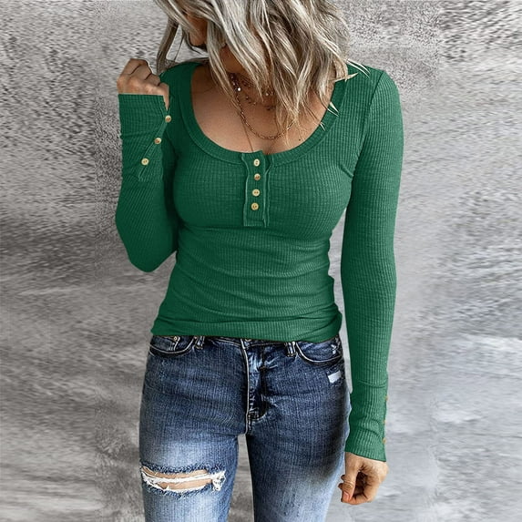 Dyfzdhu Womens Long Sleeve T Shirts Scoop Neck Button Down Ribbed Tops Slim Fit Knit Basic Tees Green