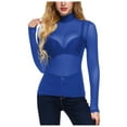 thumbnail image 1 of Dyfzdhu Long Sleeve T Shirts for Women High Neck Arm Shaper Top Sheer Mesh Yoke Casual Blouse Shirt Blue, 1 of 9
