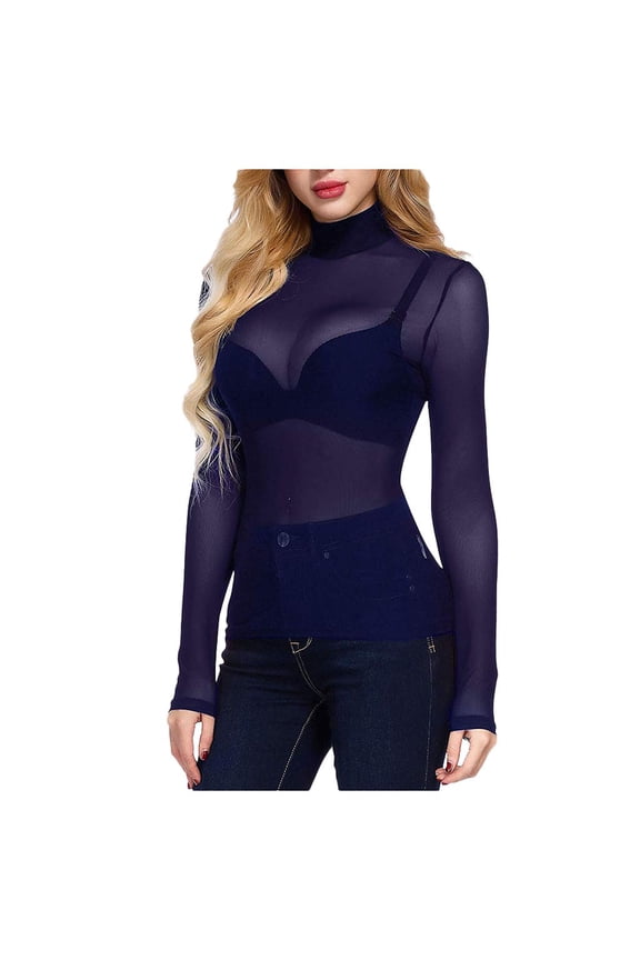Long Sleeve T Shirts for Women High Neck Arm Shaper Top Sheer Mesh Yoke Casual Blouse Shirt Navy