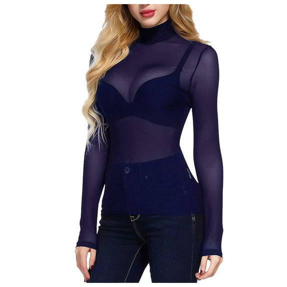 Dyfzdhu Long Sleeve T Shirts for Women High Neck Arm Shaper Top Sheer Mesh Yoke Casual Blouse Shirt Navy