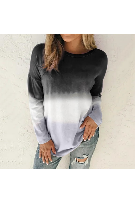 Long Sleeve T Shirts for Women Plus Size Tie-Dye Gradient Print Crewneck Sweatshirts Loose Fit Pullover Black