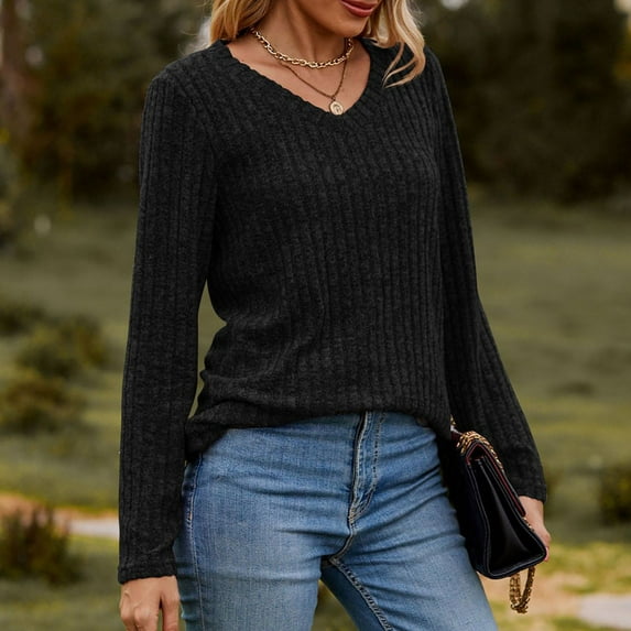 Dyfzdhu Long Sleeve T Shirts for Women T Shirt Trendy V Neck Tops Solid Color Casual Blouses Black