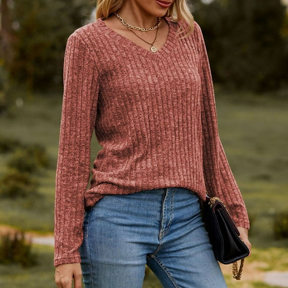 Dyfzdhu Long Sleeve T Shirts for Women T Shirt Trendy V Neck Tops Solid Color Casual Blouses Red