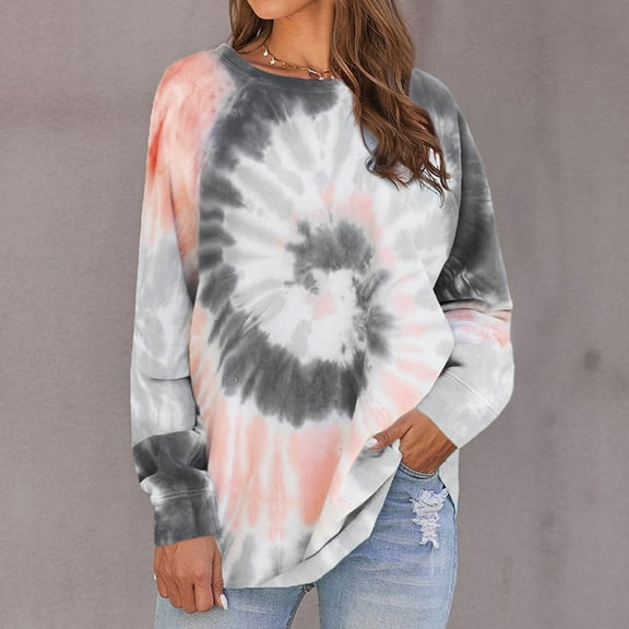 Dyfzdhu Long Sleeve T Shirts for Women Tie-dye O-neck Gradient Contrast Color Top Pullover Sweatshirt Grey