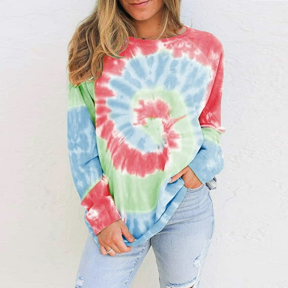 Dyfzdhu Long Sleeve T Shirts for Women Tie-dye O-neck Gradient Contrast Color Top Pullover Sweatshirt Red