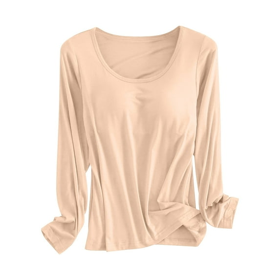 Dyfzdhu T Shirts with Built in Bra for Women Long Sleeve Modal Underwear Lounge Pajama Tops Padded Basic Tee Undershirt