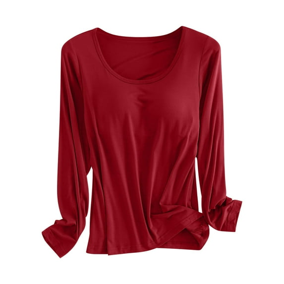 Dyfzdhu T Shirts with Built in Bra for Women Long Sleeve Modal Underwear Lounge Pajama Tops Padded Basic Tee Undershirt