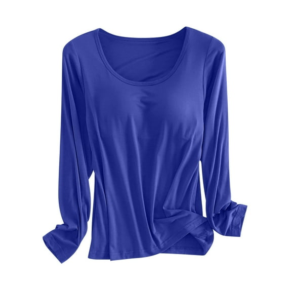 Dyfzdhu T Shirts with Built in Bra for Women Plus Size Long Sleeve Modal Underwear Lounge Pajama Tops Padded Basic Tee Undershirt
