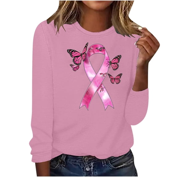 Dyfzdhu Long Sleeve T-shirt For Women Breast Cancer Awareness Shirt For Long Length Sleeve Tops Crew Neck Sweatshirts Breast Cancer Shirts Casual Top