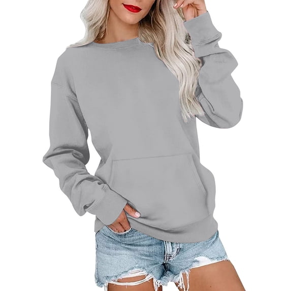 Dyfzdhu Long Sleeve T-shirt For Women Fashion Casual Solid Color Round Neck Pocket Long Sleeve Top Sweatshirt Casual Top