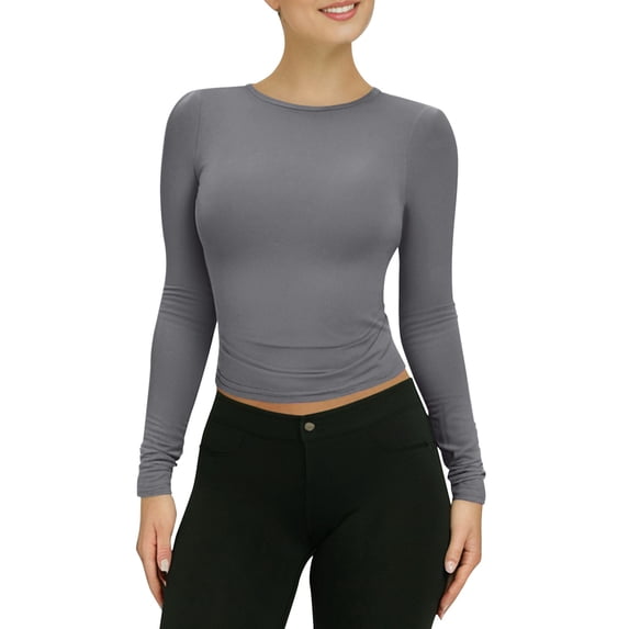 Dyfzdhu Long Sleeve T-shirt For Women Long Sleeve Round Neck Crop Top Tee Shirt Basic Solid Tight Slim Fit Cropped Shirt Workout Yoga Casual Top
