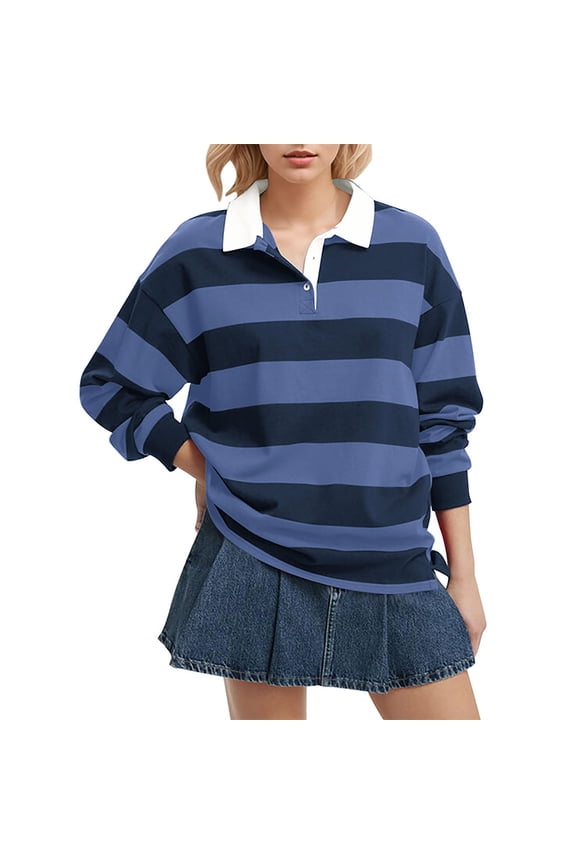 Long Sleeve T-shirt For Women Oversized Striped Sweatshirt Long Sleeve Rugby Collared Pullover Tops Loose Fit Shirt Casual Top