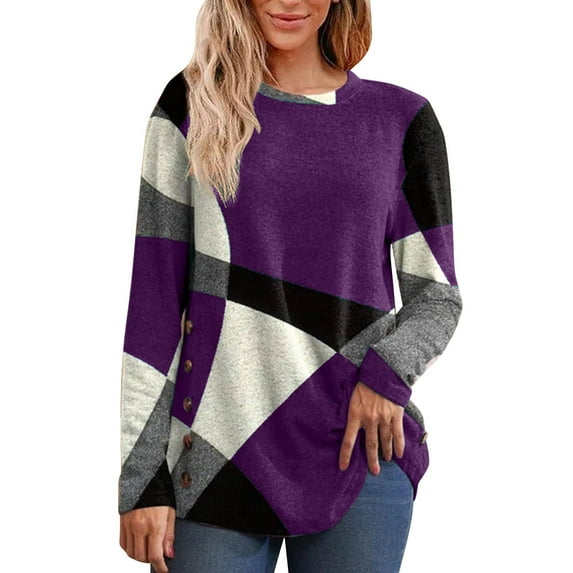 Dyfzdhu Long Sleeve T-shirt For Women Patchwork Printed Round Neck Loose Long Sleeve Top With Buttons Casual Top