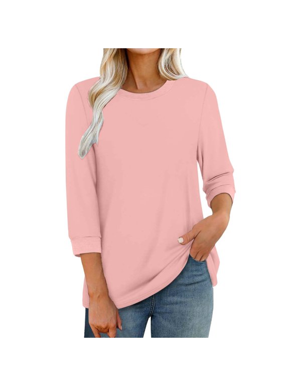 Long Sleeve T-shirt For Women Round Neck Solid Color 3/4 Sleeves Blouse Tops Blouse T Shirt Casual Top