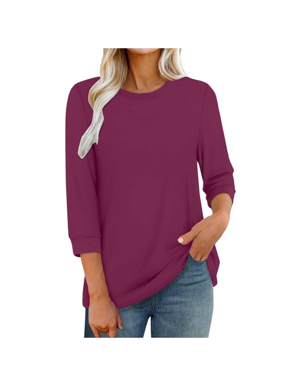 Long Sleeve T-shirt For Women Round Neck Solid Color 3/4 Sleeves Blouse Tops Blouse T Shirt Casual Top