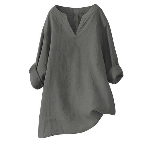 Dyfzdhu Long Sleeve T-shirt For Women Solid Color Stand Up Collar Cotton Linen Long Sleeved Shirt Casual Top
