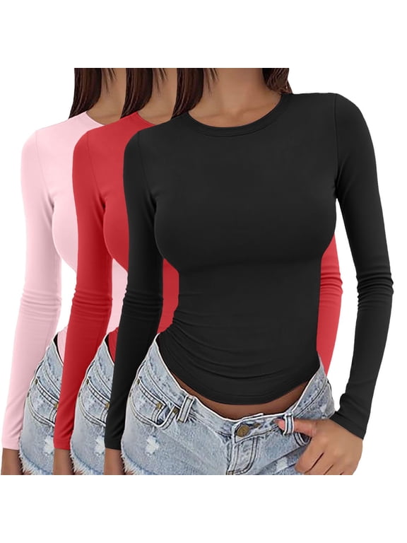 Long Sleeve T-shirt For Women 3 Pieces Y2k Basic Long Sleeve Top Slim Baby Tee Round Neck Dupe Crop Layering Slim Top Blouse Aesthetic Streetwear Casual Top