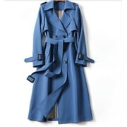 DYFZDHU Long Trench Coats for Women Trendy Plus Size Solid Long Sleeve Slim Belted Oversized Jacket Blue