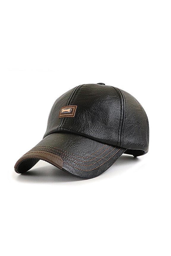Men PU Leather Casual Baseball Cap Outdoor Personalized Warm Visor Sun Hat Black