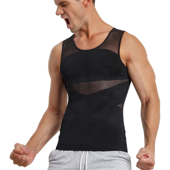 Dyfzdhu Men Shapewear Tank Top Sleeveless Elastic Mesh Thin Corset Tummy Control Shaping Vest Plus Size Black
