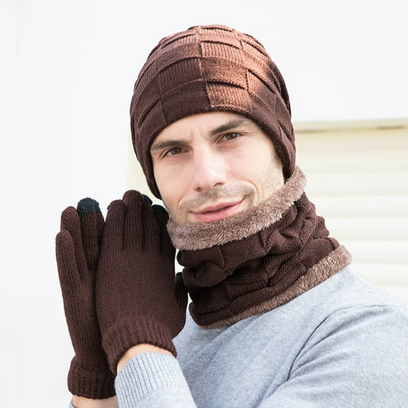 Dyfzdhu Men Winter Knitted Fleece Windproof Hat Scarf Gloves Three-Piece Warm Brown