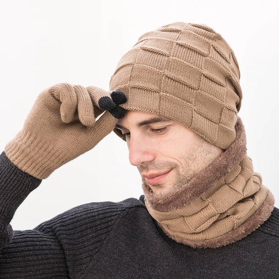 Dyfzdhu Men Winter Knitted Fleece Windproof Hat Scarf Gloves Three-Piece Warm Khaki