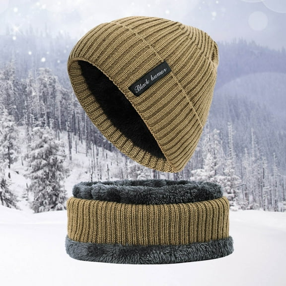 Dyfzdhu Men Women Warm Winter Thicken Hat Scarf Two-Piece Knit Windproof Cap Khaki