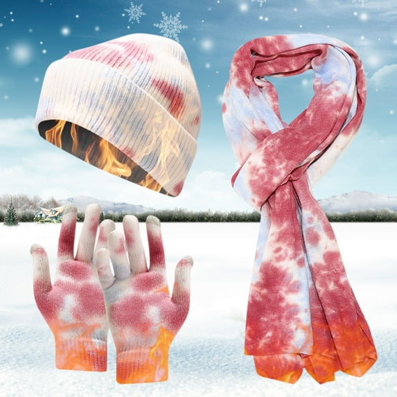 Dyfzdhu Men Women Winter Warm Knitted Adult Windproof Hat Cycling Skiing Tie-Dye Printed Knit Scarf Gloves Sets Red