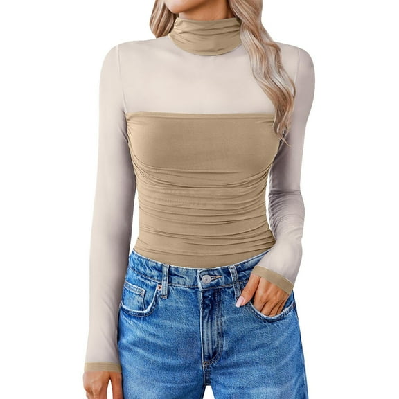 Dyfzdhu Mesh Bodysuit for Women Long Sleeve Turtleneck Shapewear Body Suits One Piece Leotard Slim Going Out Tops Khaki