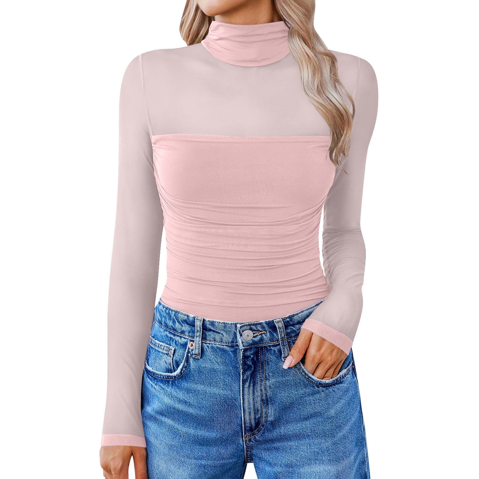 Dyfzdhu Mesh Bodysuit for Women Long Sleeve Turtleneck Shapewear Body ...