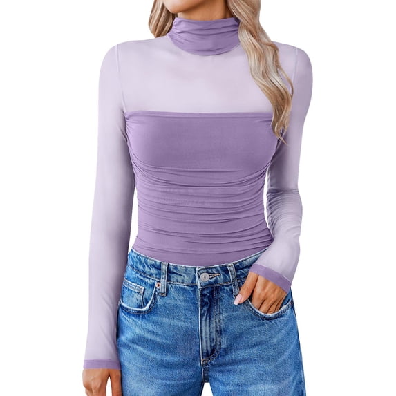 Dyfzdhu Mesh Bodysuit for Women Long Sleeve Turtleneck Shapewear Body Suits One Piece Leotard Undershirt Going Out Tops Purple
