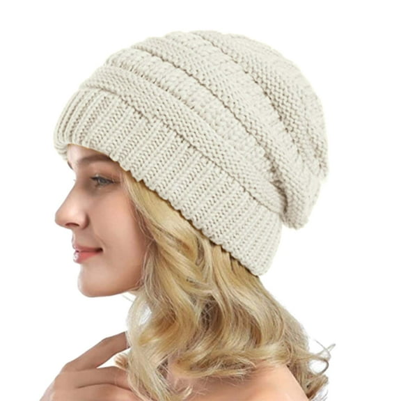 Dyfzdhu Most Popular Custom BrWinter Thick Warm Wool Hair Cuffed Chunky Knitting Hat Women Beige