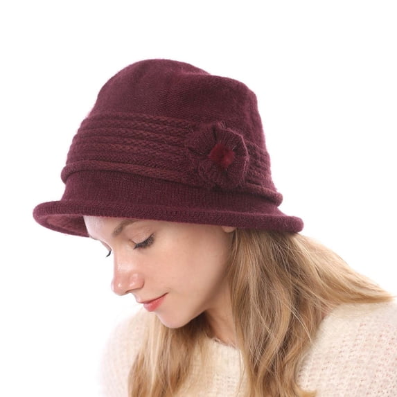Dyfzdhu Mother's Day Woolen Hats for Women Fall Winter Warm Elegant Floral Knitted Bucket Hat, Mother's Day Gifts
