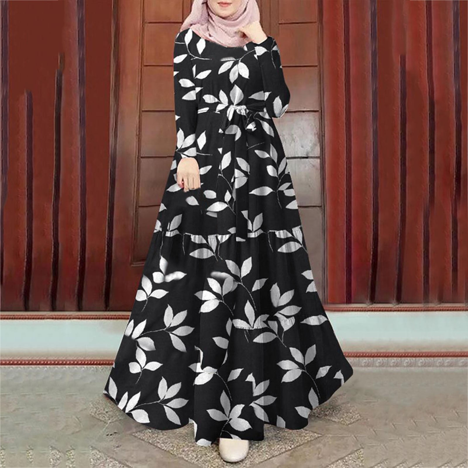 Dyfzdhu Muslim Dresses for Women Floral Printed Abaya Robe Long Sleeve Crew  Neck Maxi Dress Black - Walmart.com