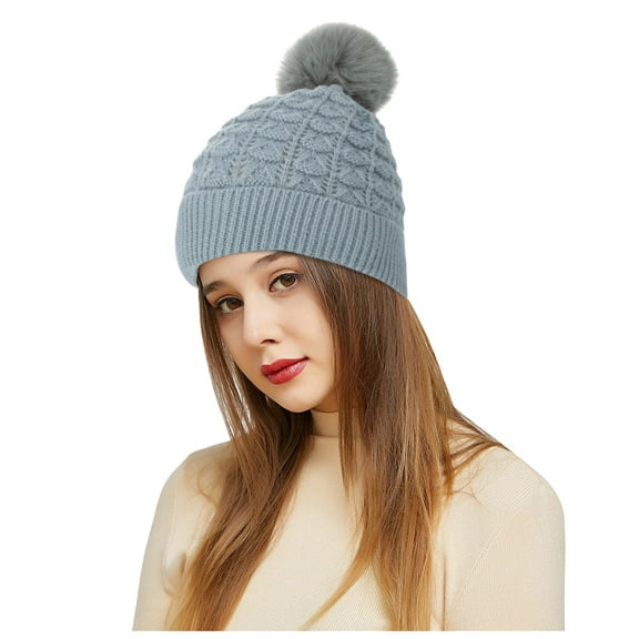 Dyfzdhu Outdoor Winter Adult Neutral Keep Warm Hairball Hats Plush Knitted Woolen Hat Blue