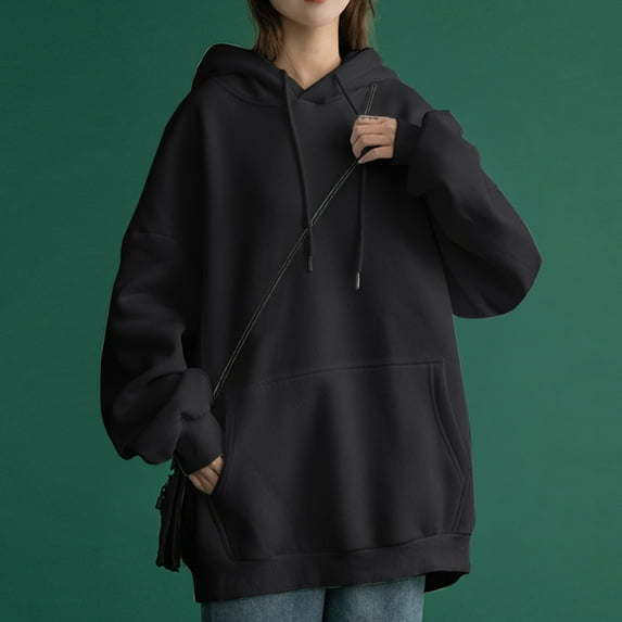 Dyfzdhu Oversized Hoodies for Women Casual Solid Color Long Sleeve Sweatshirt Hooded Pullover Black