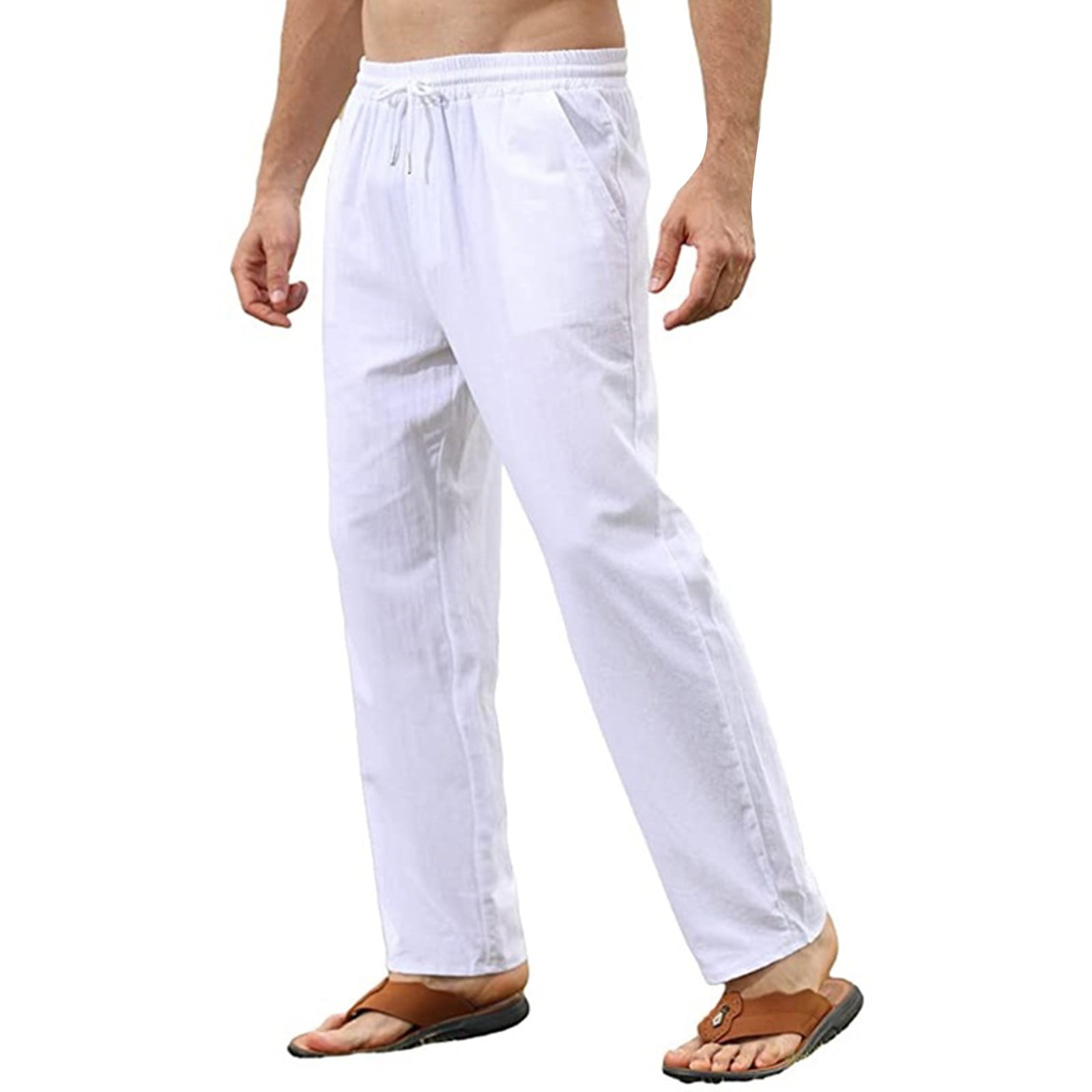 Wavlynn White Cotton Casual Pants For Men With Embroidered Pockets Lightweight Summer Wear main image 0