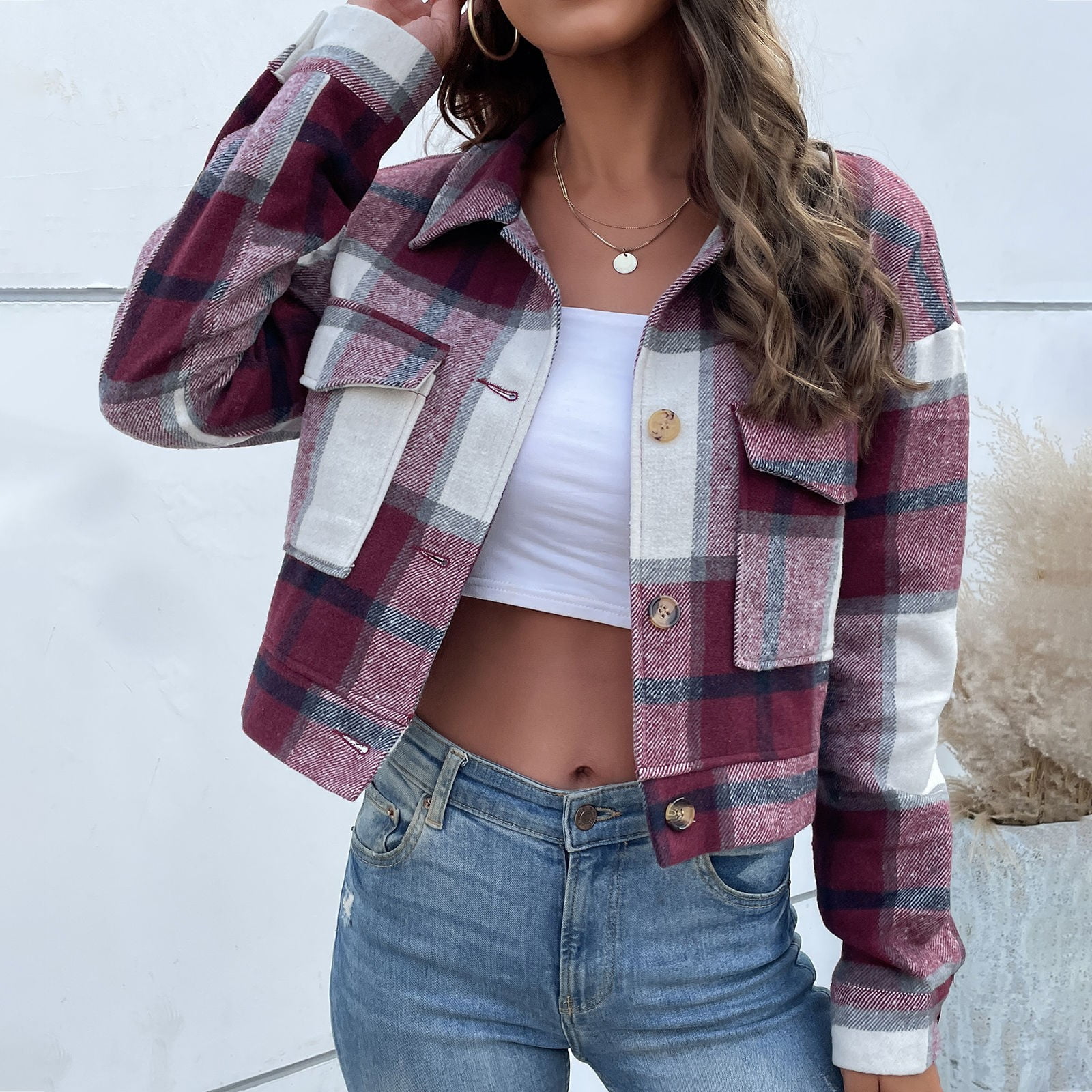 Dyfzdhu Plaid Cropped Jacket For Women Casual Long Sleeve Short