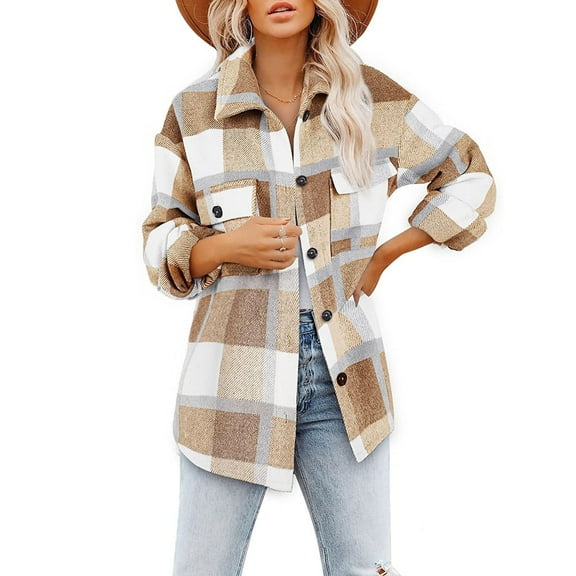 Dyfzdhu Plaid Shirts for Women Loose Thick Flannel Brushed Long Sleeve Lapel Button Down Shirt Jacket With Pockets Yellow